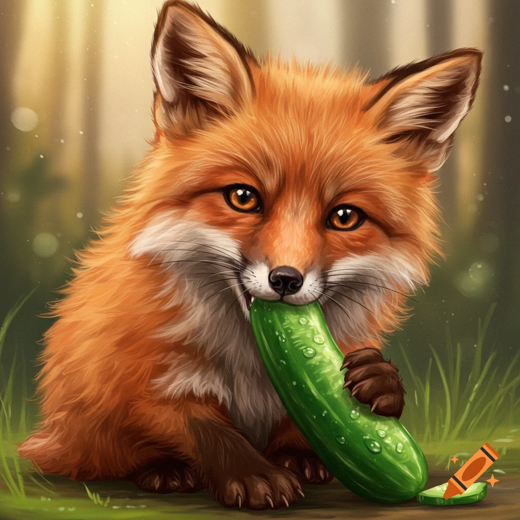 An illustration of a cute fox sitting in a forest, eating a large cucumber.