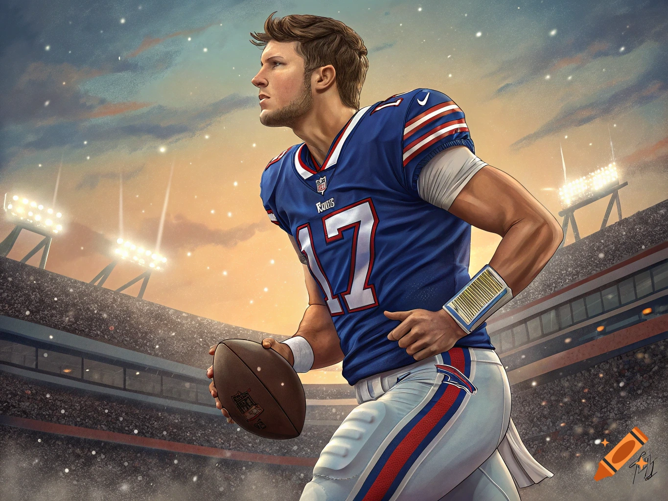 Illustration of a football player in a blue jersey with number 17 holding a football in a stadium