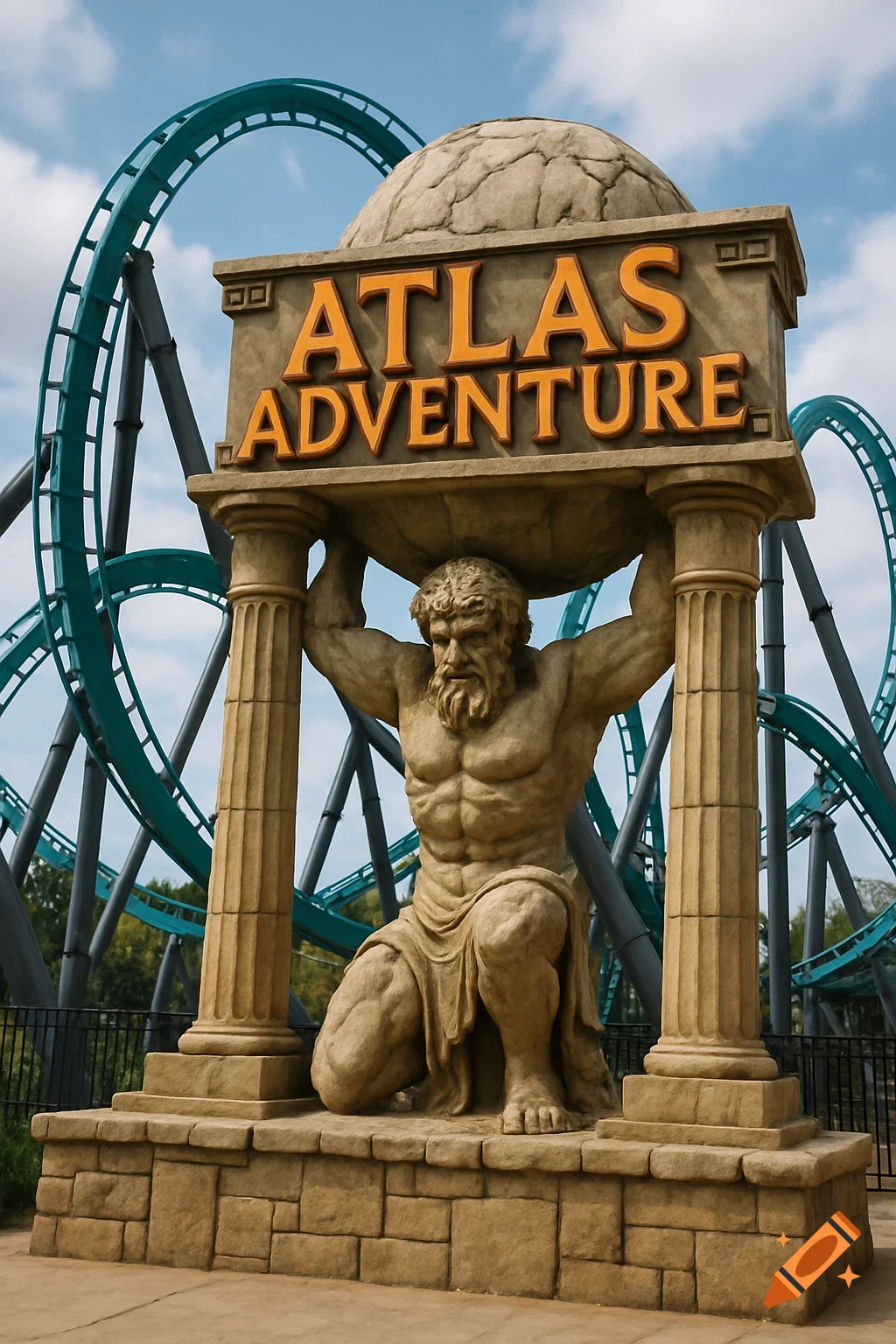 Statue of Atlas holding a sign reading 'Atlas Adventure' in front of a blue rollercoaster.