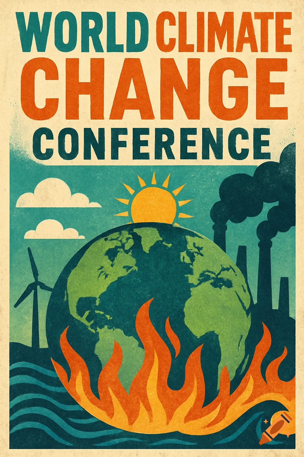 Retro poster for a climate change conference shows Earth burning with fire and pollution.