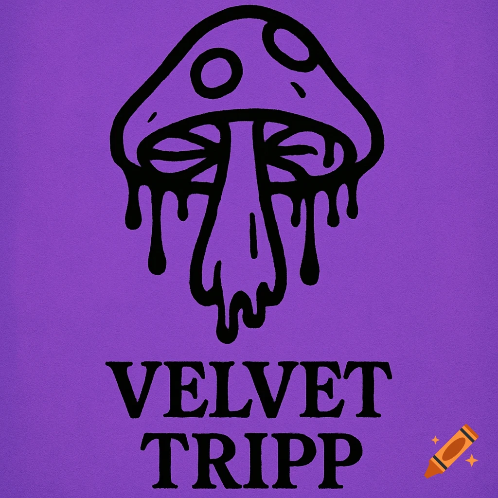 Black outline illustration of a melting mushroom with dripping liquid, above the text VELVET TRIPP, on a purple background.