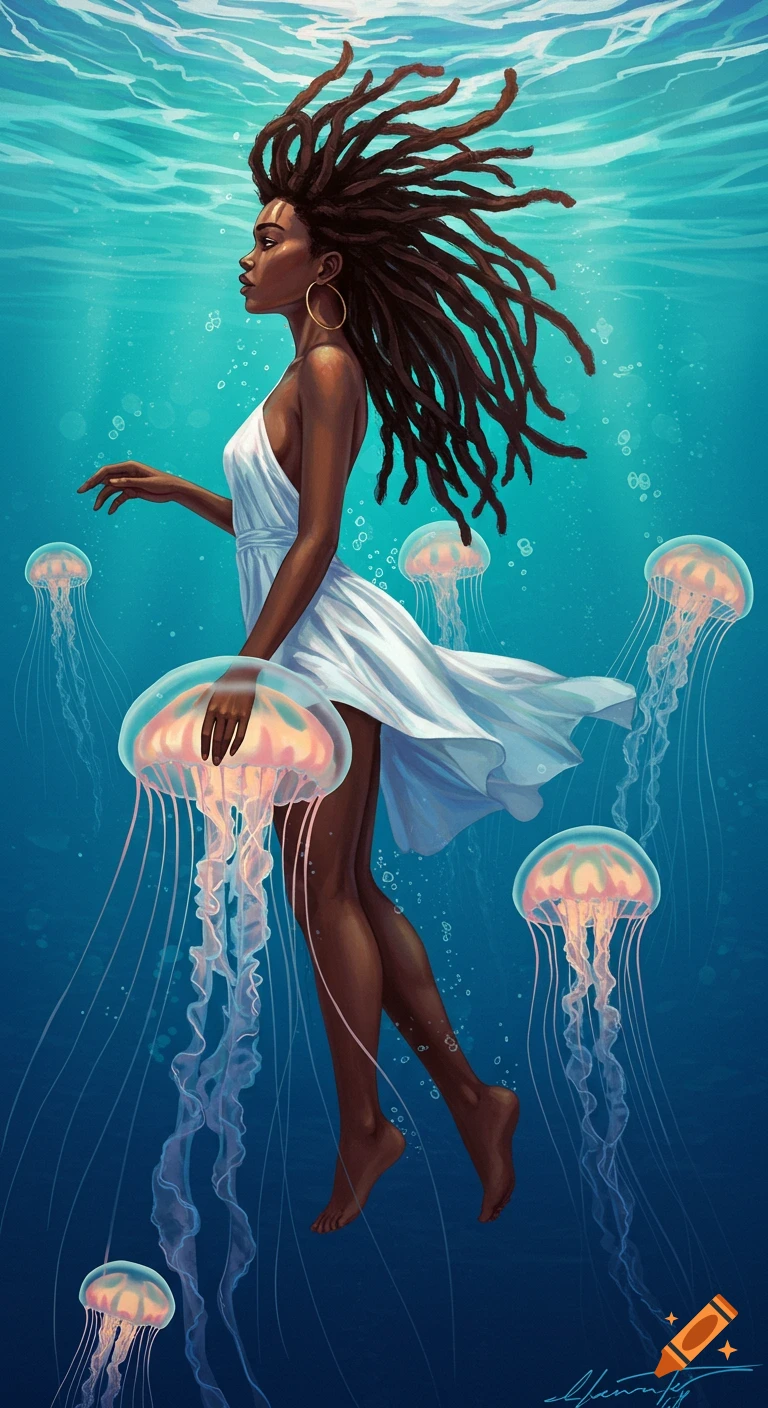 A woman with dreadlocks in a white dress floats underwater with jellyfish.