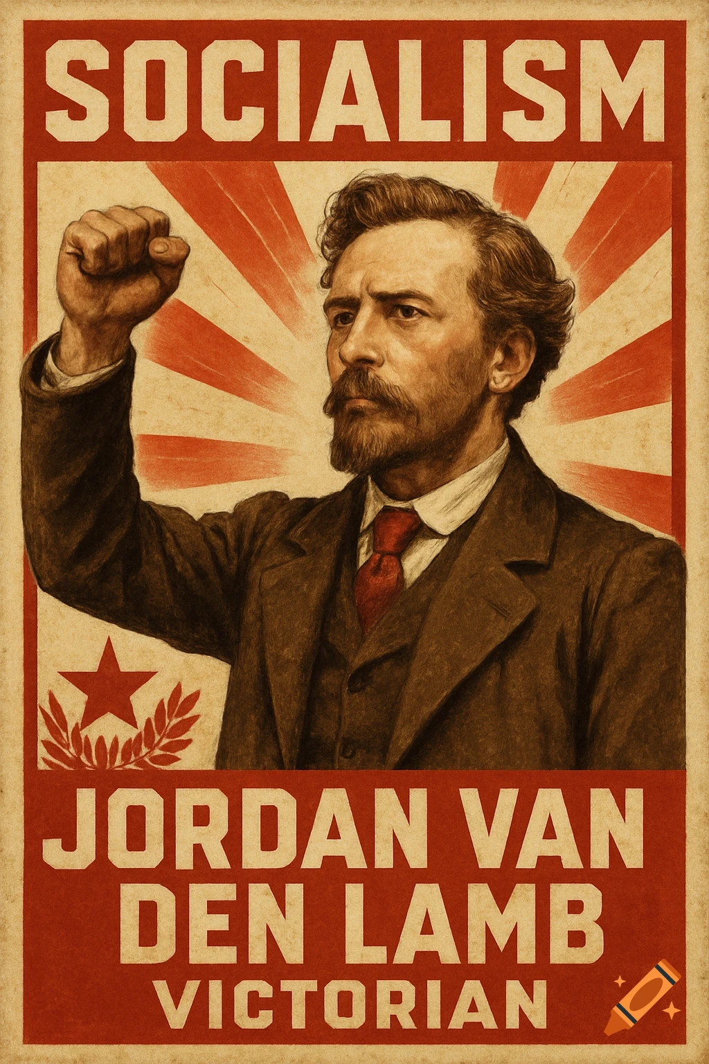 Vintage style propaganda poster of a man with a raised fist, red star, and text 'SOCIALISM JORDAN VAN DEN LAMB VICTORIAN'.