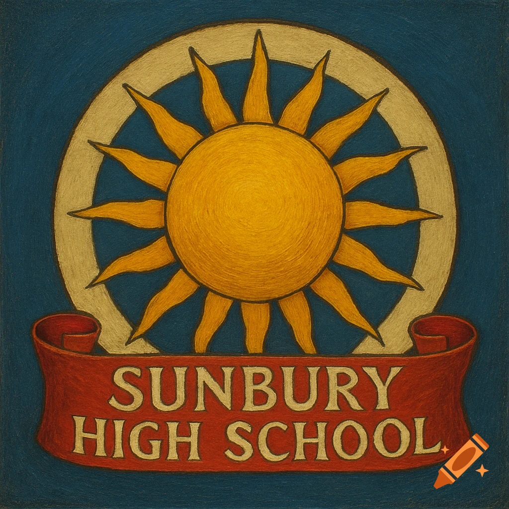 A school logo with a sun and banner reading 'SUNBURY HIGH SCHOOL' in a crayon art style.