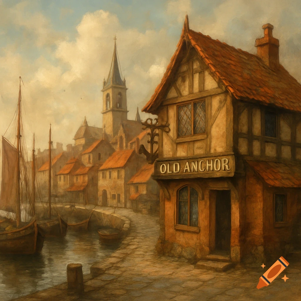 Painting of a harbor town called Old Anchor with boats and a church spire