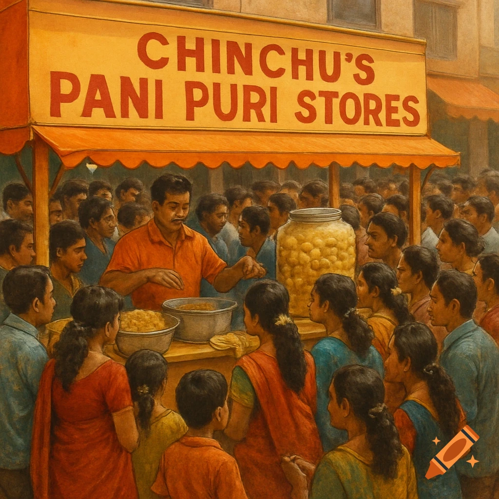 A busy street food stall in India, labeled Chinchu's Pani Puri Stores, serves a crowd.