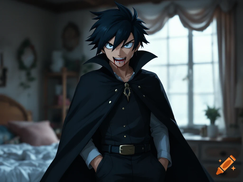 Anime style boy resembling Ash Ketchum in vampire cape, fangs, blood on mouth, in a room.