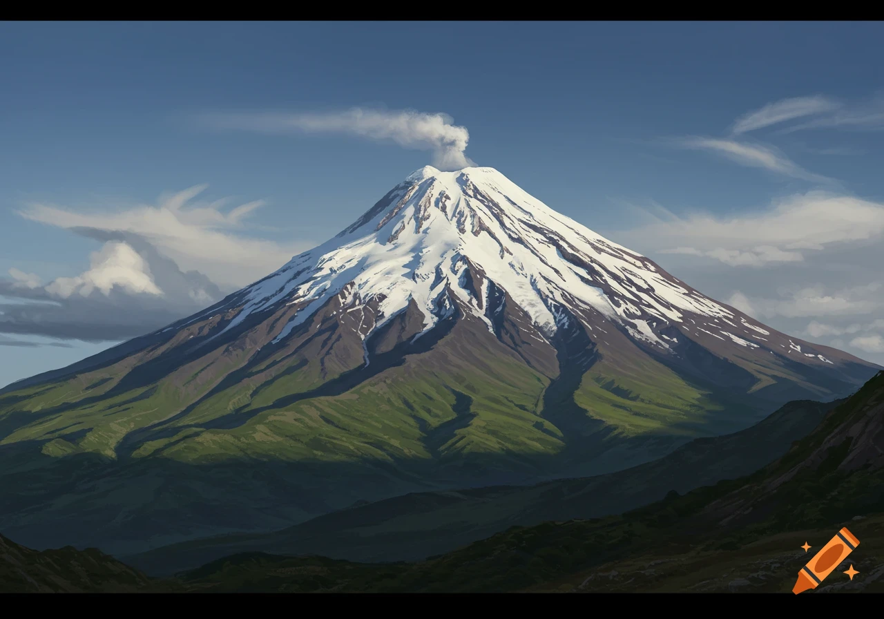 A large snow-capped volcano emits a plume of smoke under a blue sky in a digital painting.