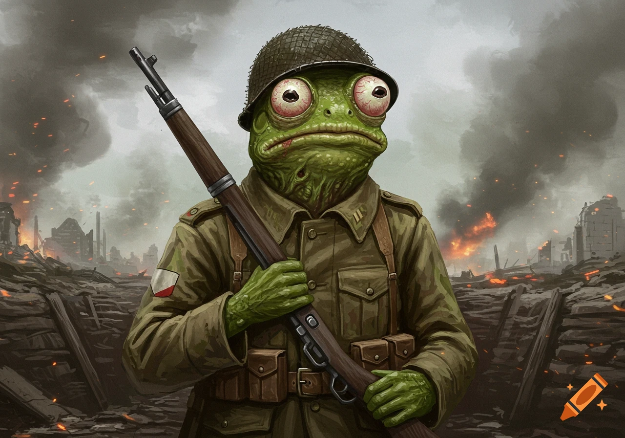Frog creature in WW2 soldier uniform holding a rifle in a war-torn battlefield