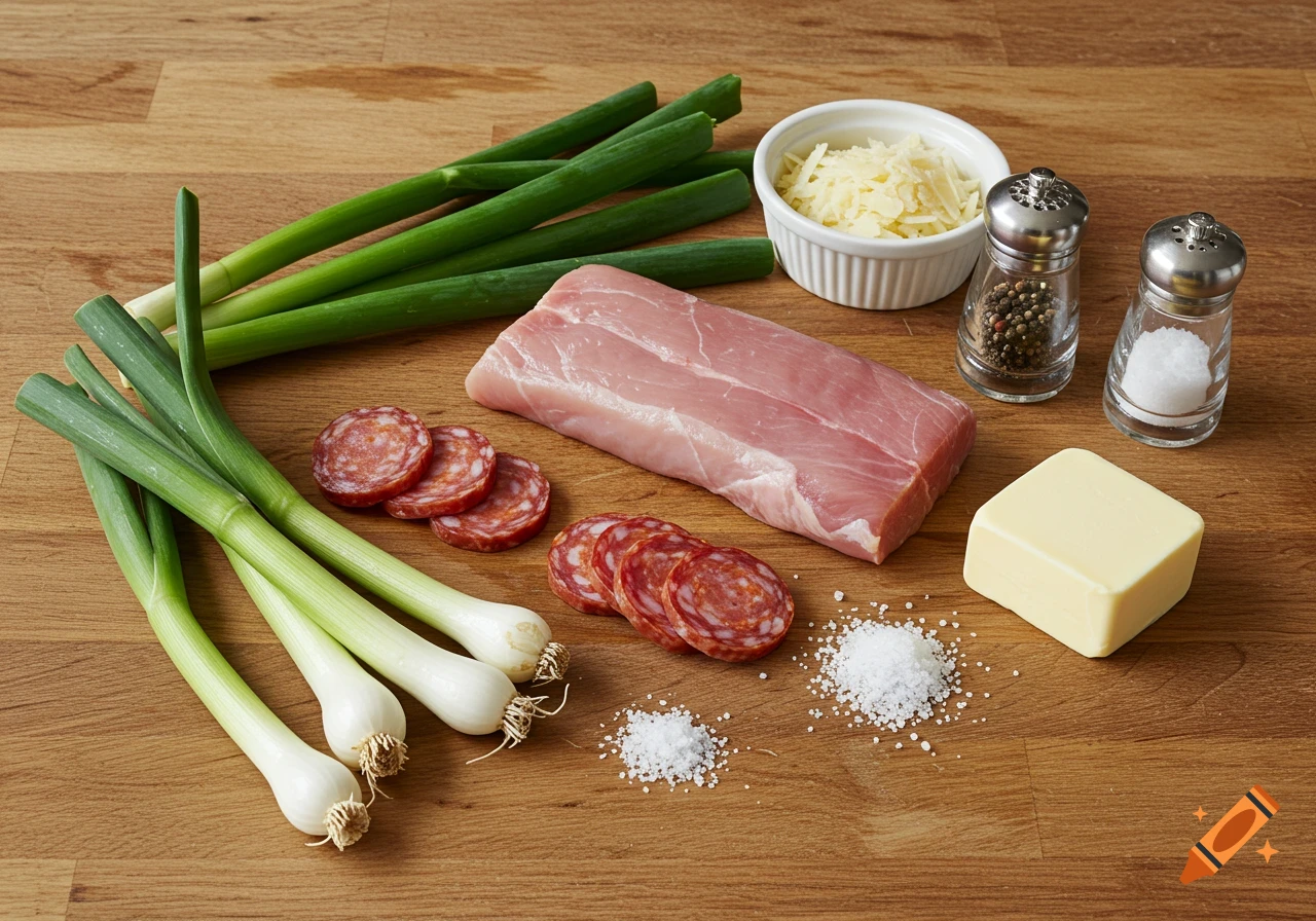 Green onions, chorizo slices, raw meat, grated cheese, butter, salt, and pepper on a wooden table.