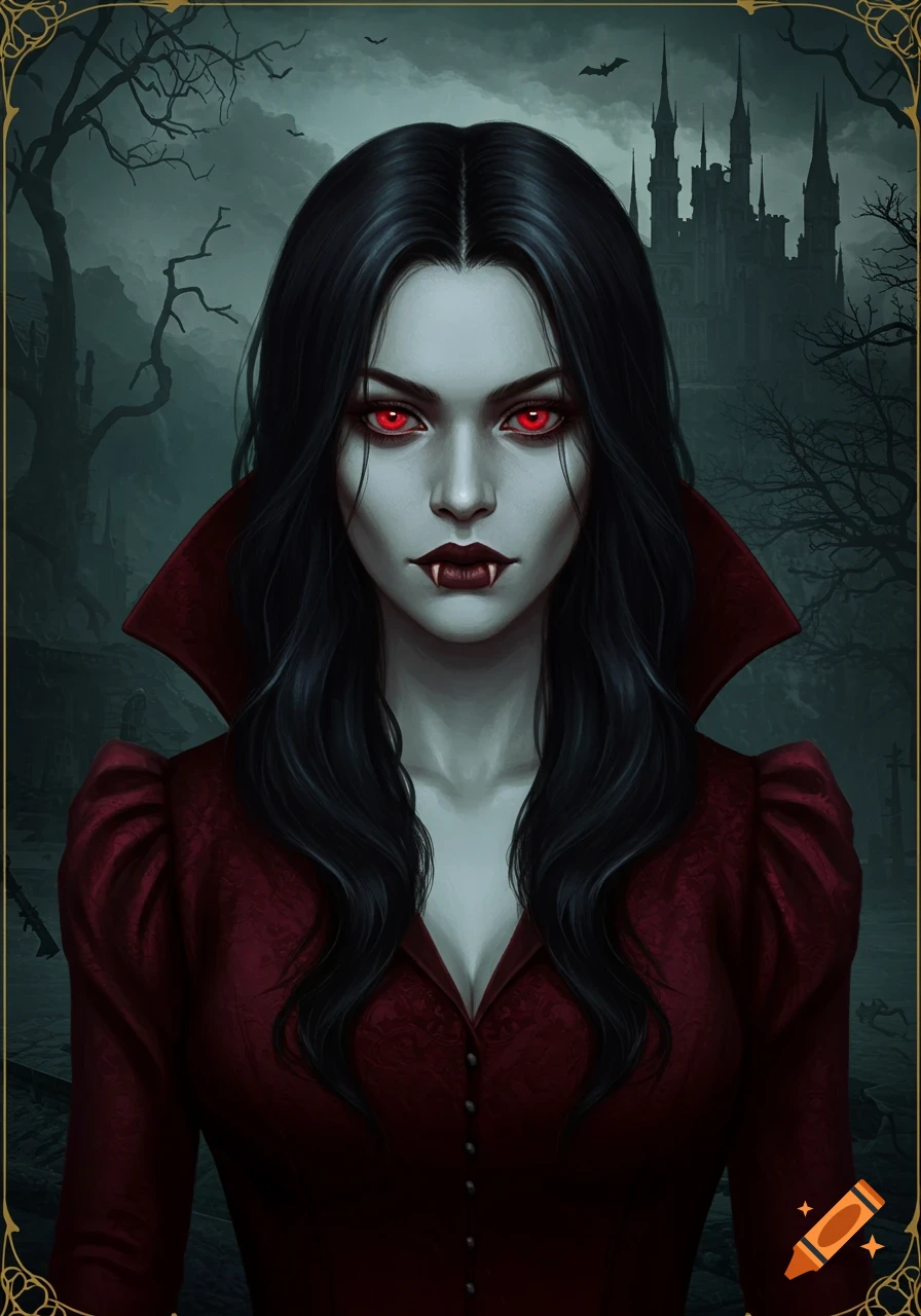 A striking portrait of a female vampire with pale skin, red eyes, and fangs, wearing a red dress against a gothic castle background.