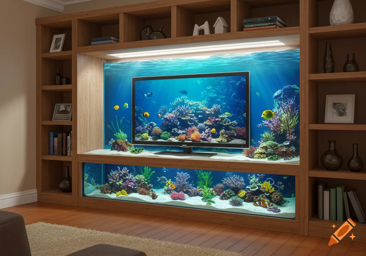 Photorealistic image of a built-in shelf unit with a TV showing an aquarium scene above a real aquarium