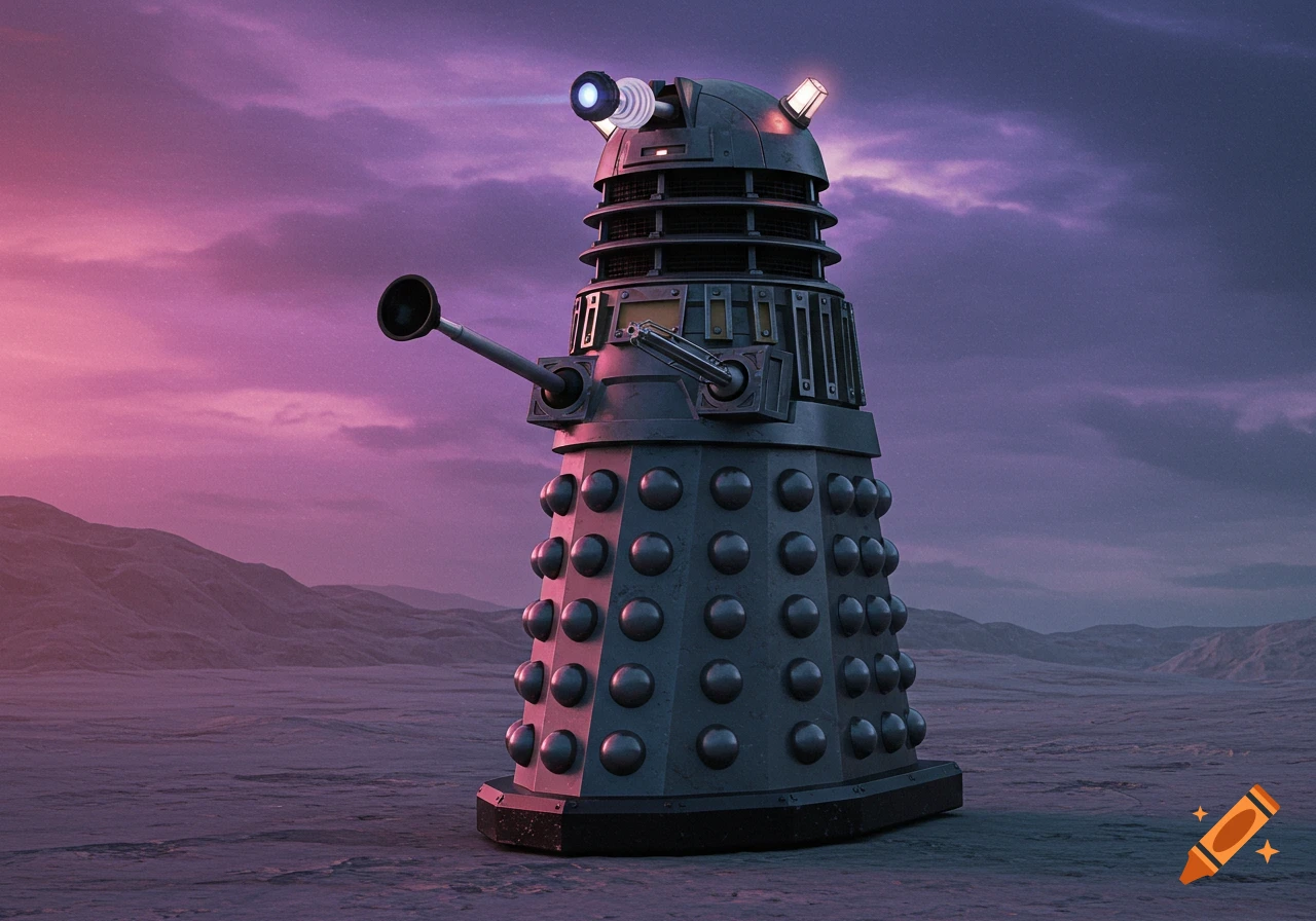 A detailed 3D rendering of a Dalek standing on a barren landscape under a purple sky.