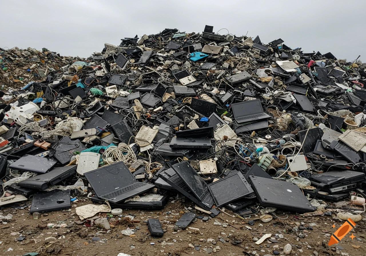 A large pile of discarded laptops, keyboards, and electronic waste in a landfill.