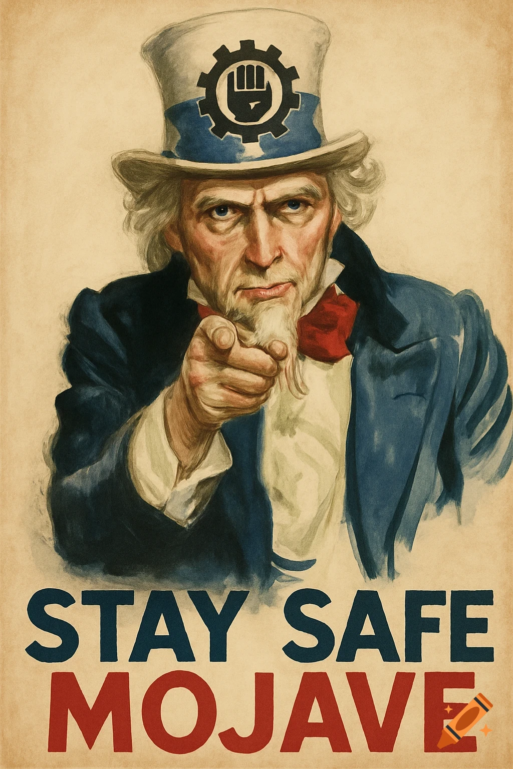 Illustration in vintage poster style of Uncle Sam pointing, wearing a hat with an Iron Hands logo. Text below reads "STAY SAFE MOJAVE".