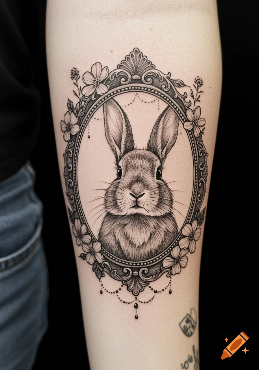 Black and grey tattoo of a rabbit in a floral vintage frame on an arm