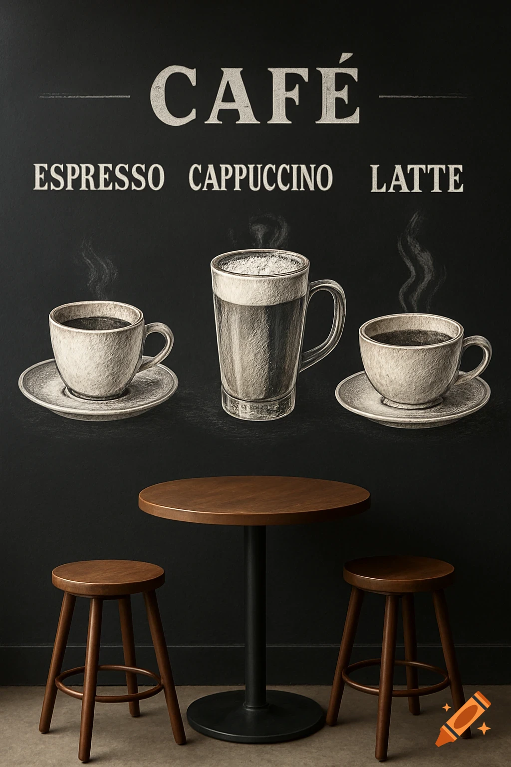 Chalk drawing of cafe menu with coffee drinks above a table and stools
