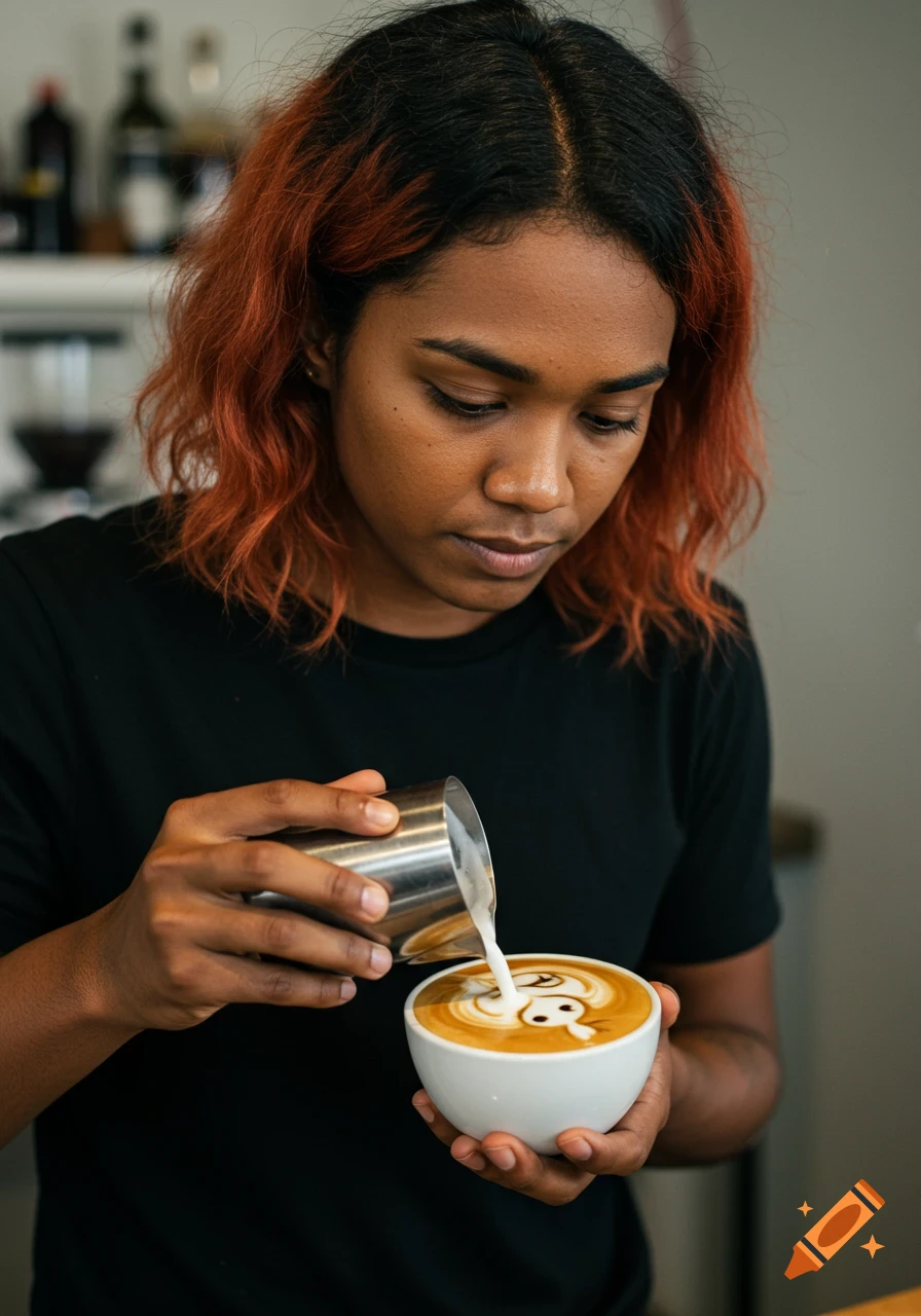 A barista with reddish-orange hair pours milk to create latte art in a white mug.