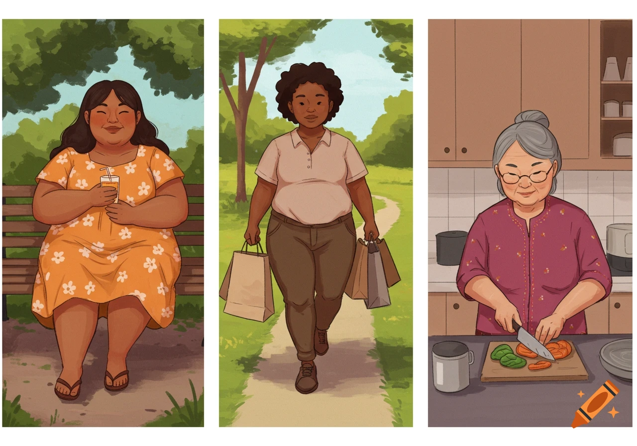 Three illustrated panels show plus-size women. Panel 1: woman on bench drinking. Panel 2: woman walking with bags. Panel 3: older woman cooking.