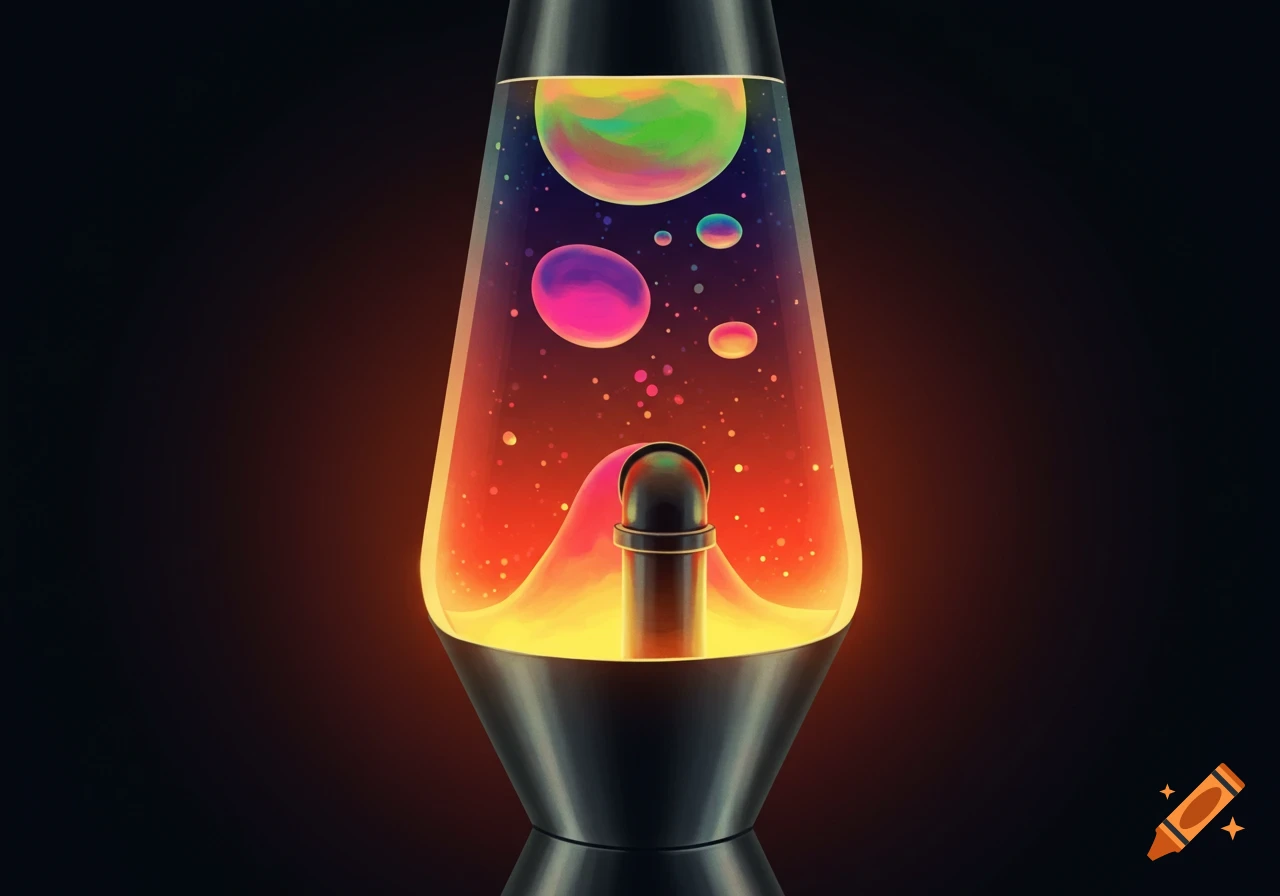 Stylized lava lamp with colorful shapes resembling planets and a metal pipe inside.