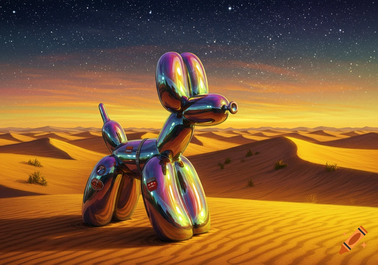 A shiny metallic balloon dog in a desert under a starry night sky.
