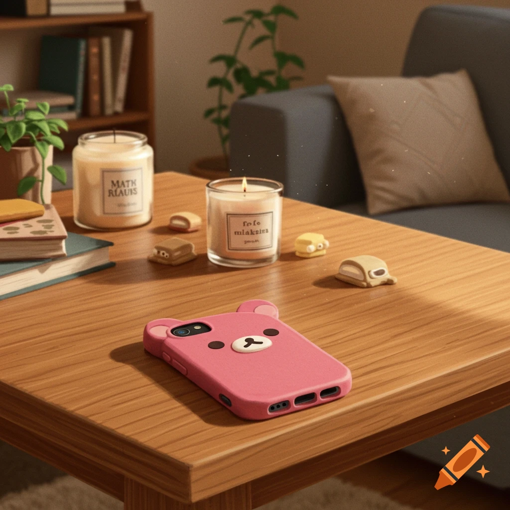 Pink Rilakkuma phone case and items on a wooden table