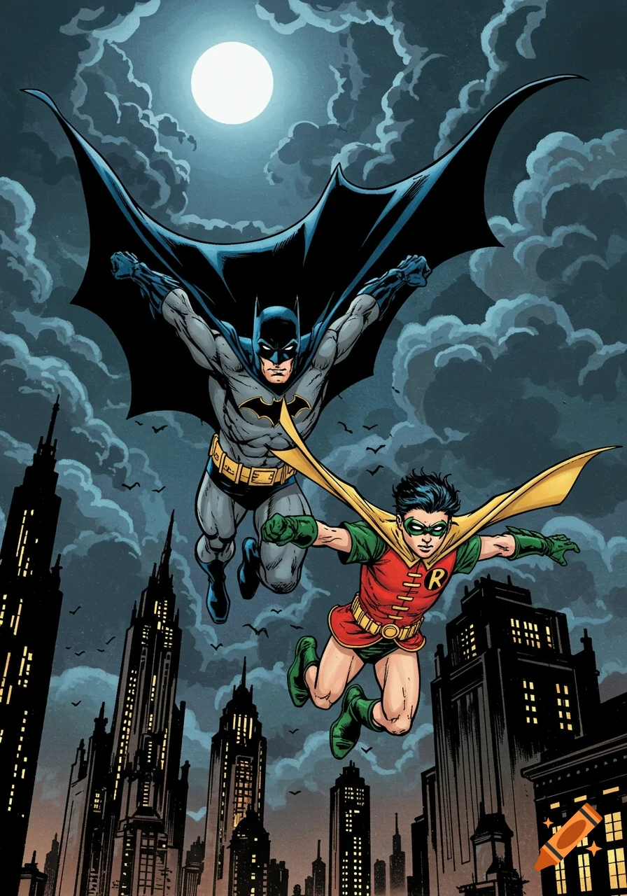 Batman and Robin fly over a city at night in a comic book illustration