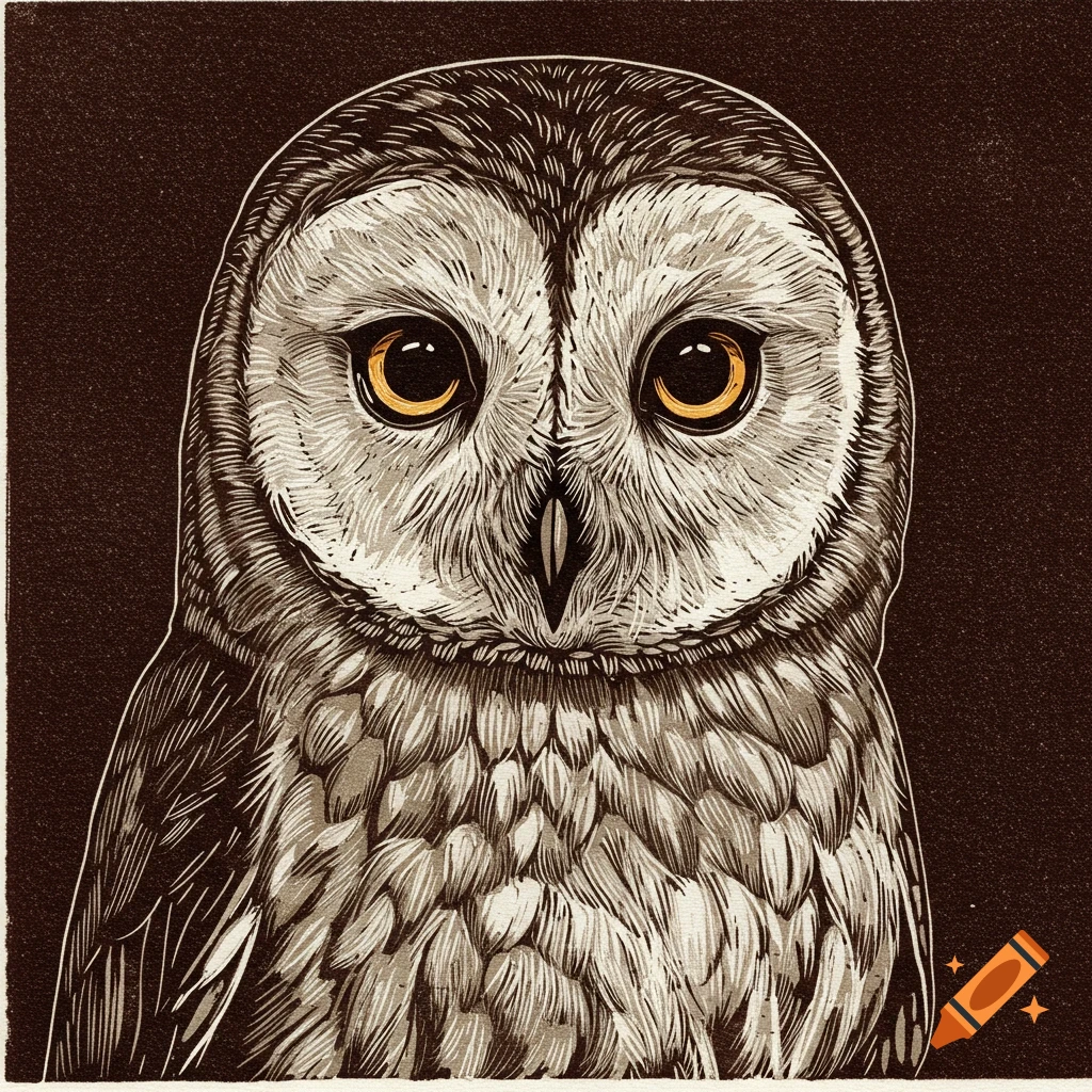 A linocut style close-up illustration of an owl's face against a dark background.