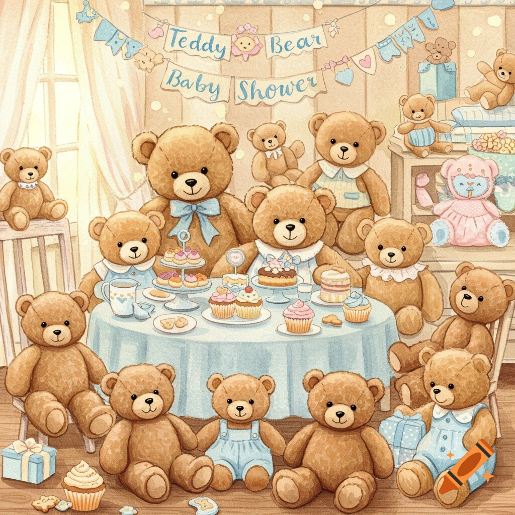A watercolor illustration of teddy bears having a baby shower tea party.