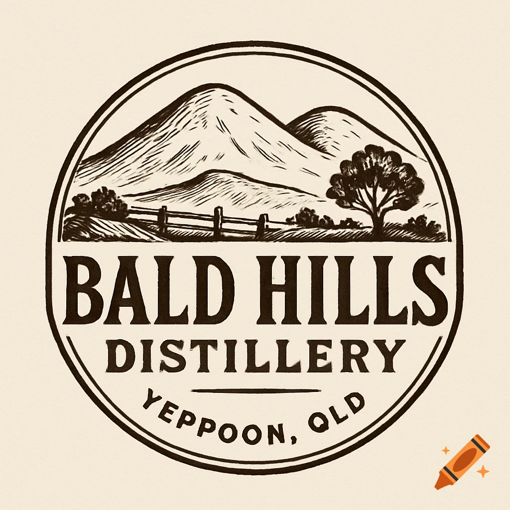 Circular woodcut style logo with mountains, fence, and tree above 'BALD  HILLS DISTILLERY YEPPOON, QLD'. on Craiyon, image size:1024x1024