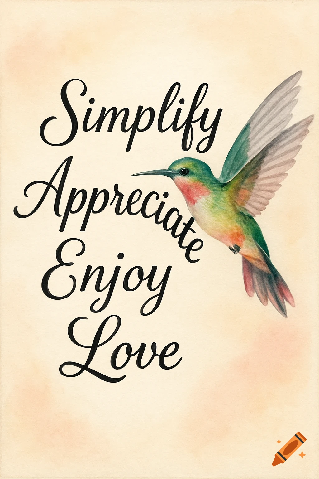 Watercolor illustration of a hummingbird next to the words Simplify, Appreciate, Enjoy, Love on a textured background.