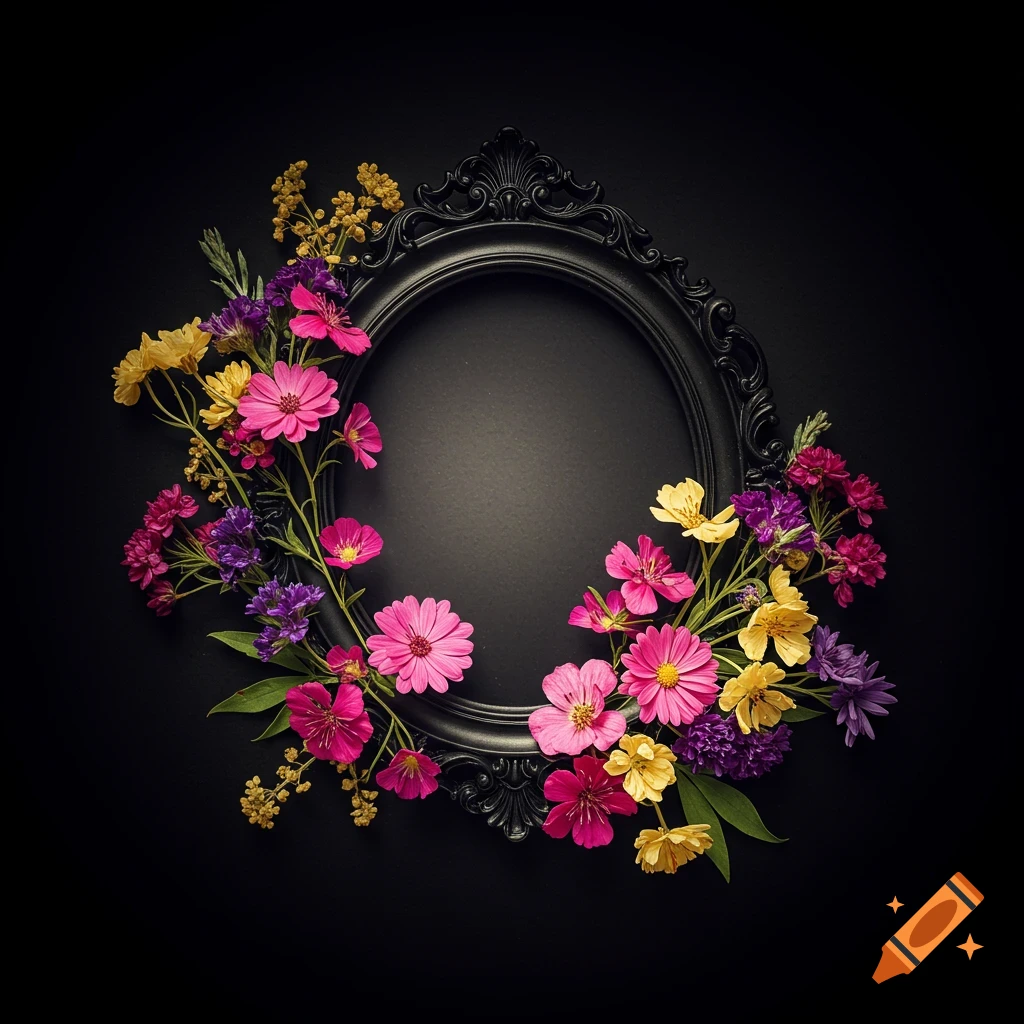 Black oval frame surrounded by pink, yellow, and purple wildflowers on a black background.