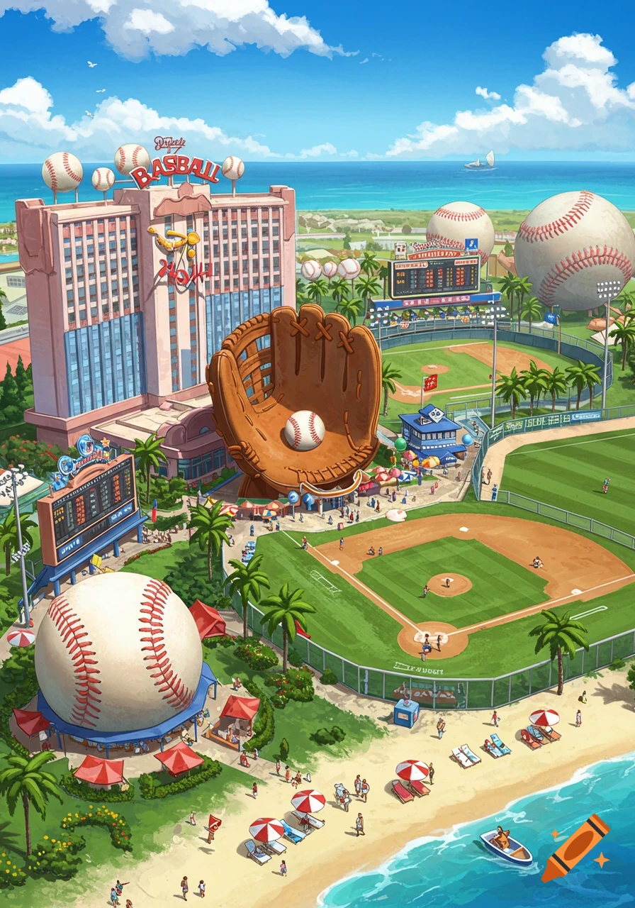 Illustration of a baseball stadium next to a resort hotel on a beach