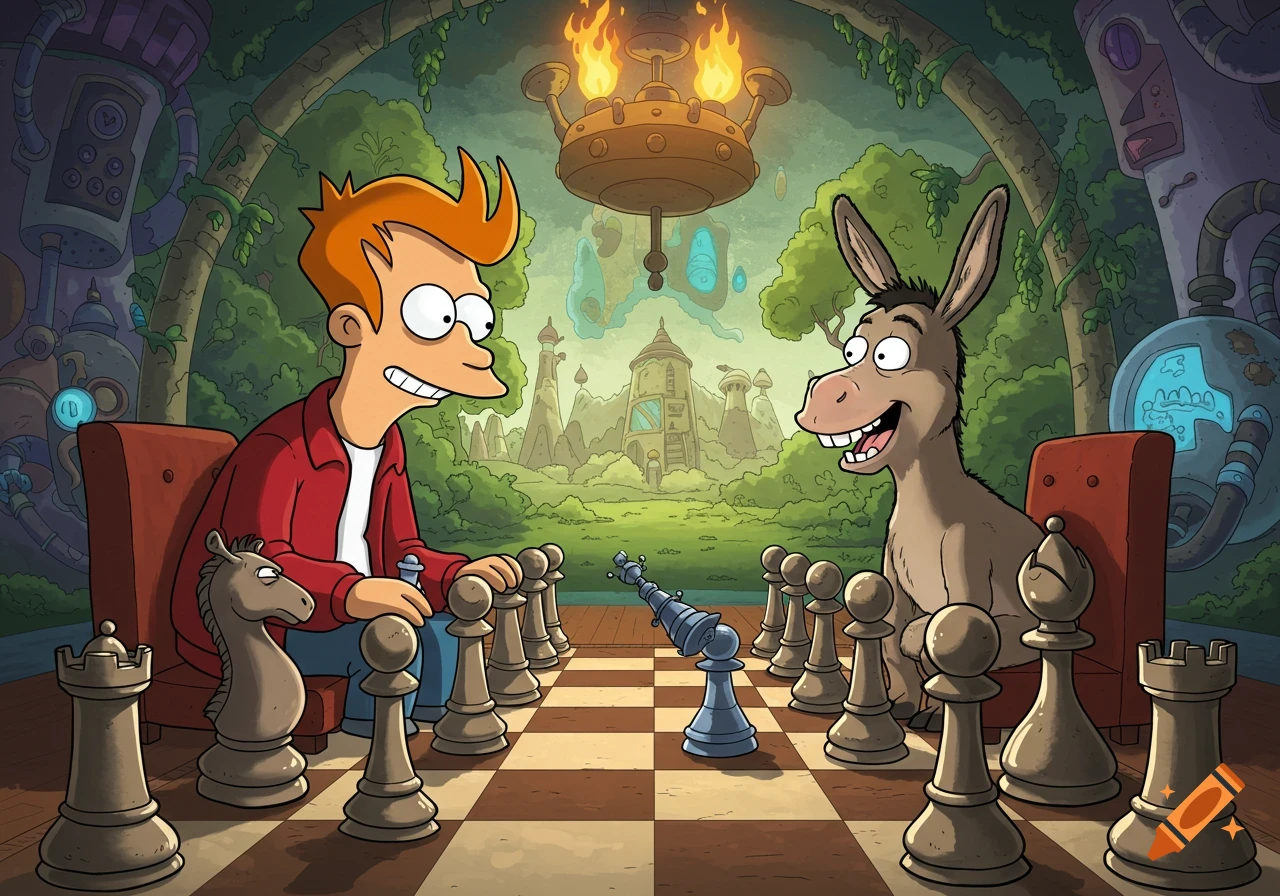 Cartoon of Fry and a donkey playing chess in a fantasy forest setting ...