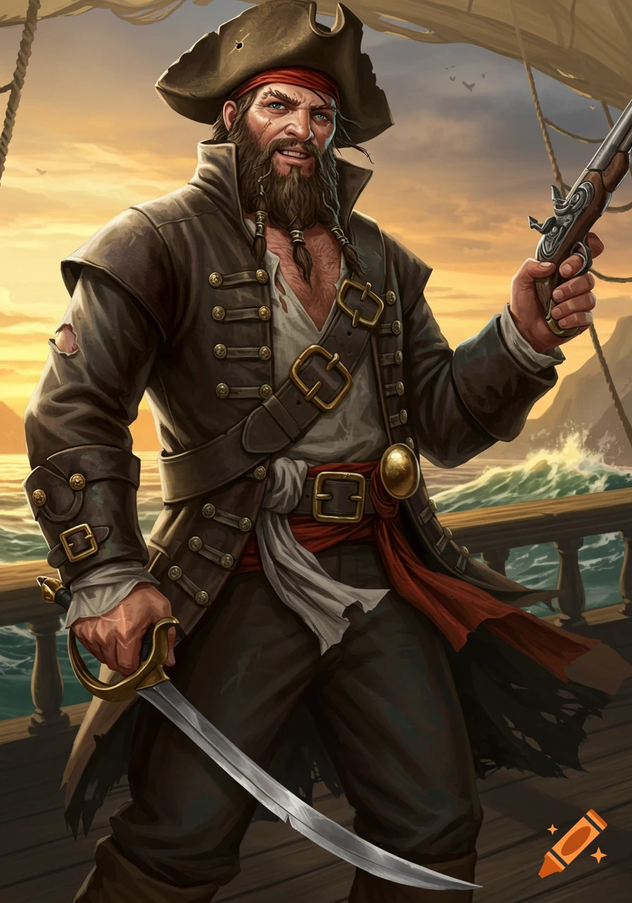 An illustration of a pirate on a ship's deck holding a sword and pistol.