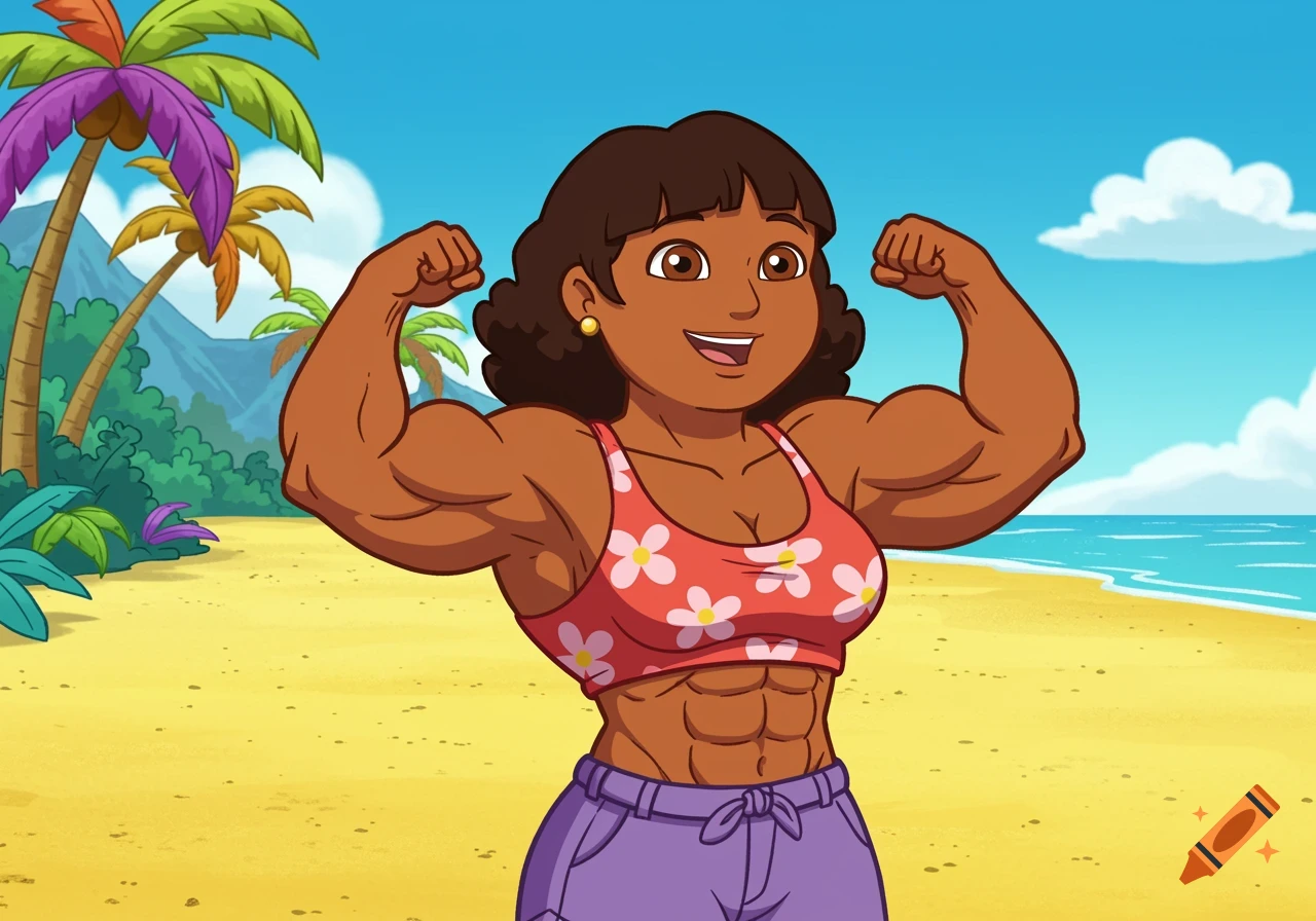 Cartoon woman with large muscles flexing on a sunny beach