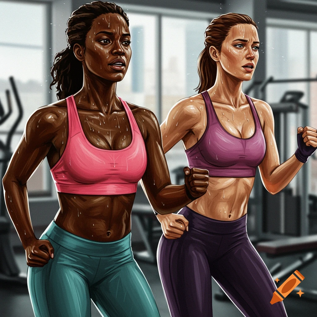 Two sweaty women exercising in a gym, painterly style.