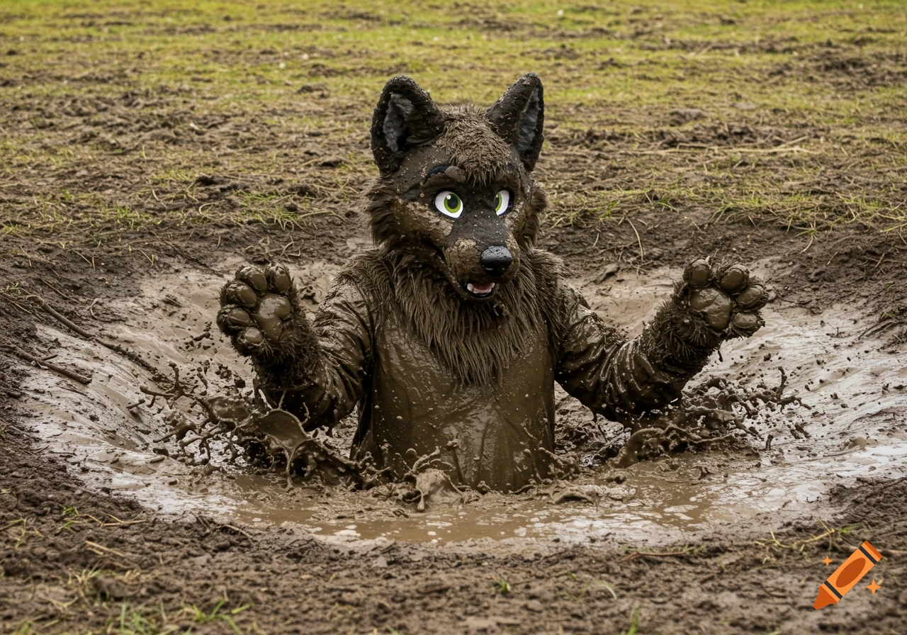 A person in a mud-covered wolf fursuit emerges from a mud pit, arms raised.
