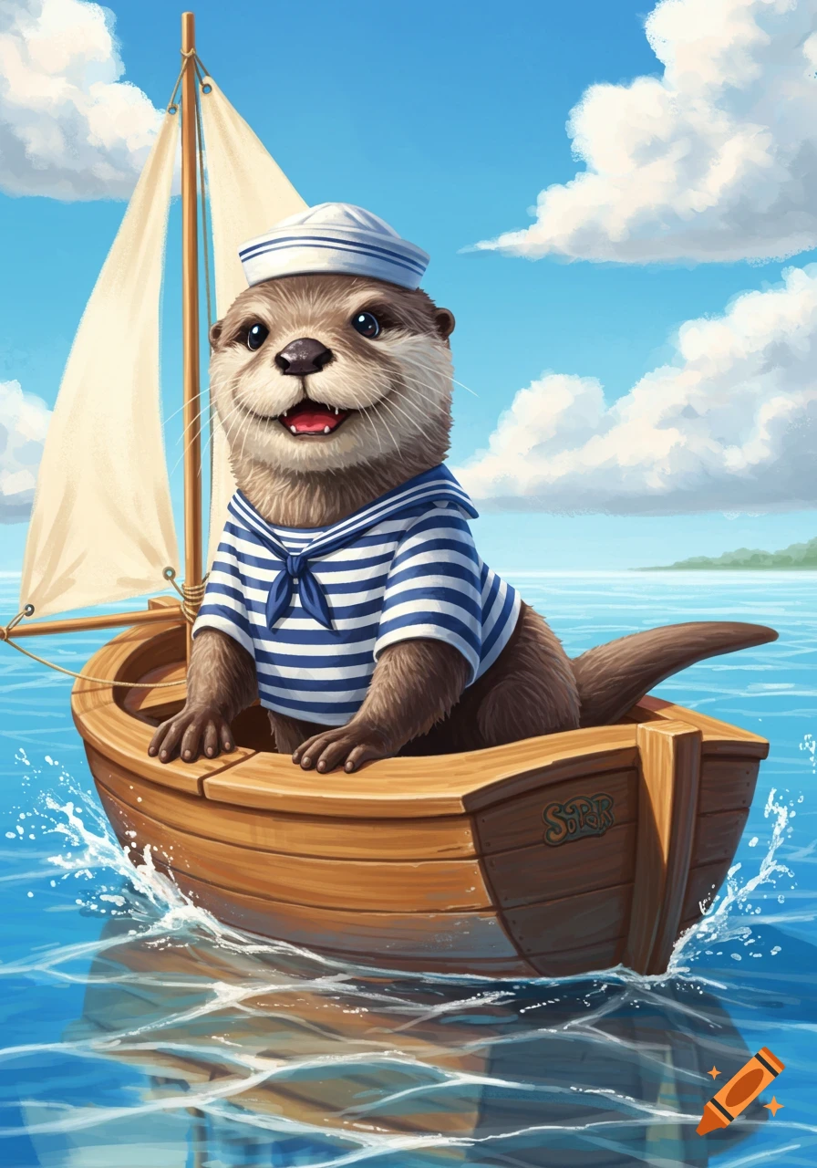 A cute otter in a sailor suit smiles while riding in a small sailboat on a sunny day.