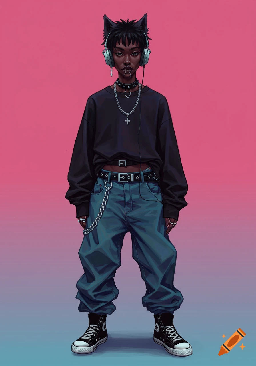 Illustration of a person with cat ears and headphones wearing alternative fashion, chains, and piercings against a gradient background.