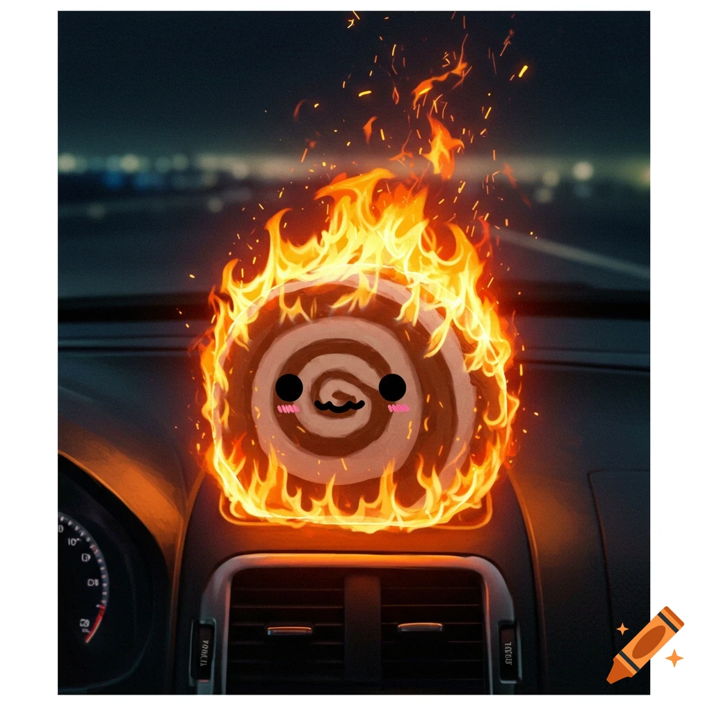 A cute cartoon swiss roll character on fire sitting on a car dashboard.