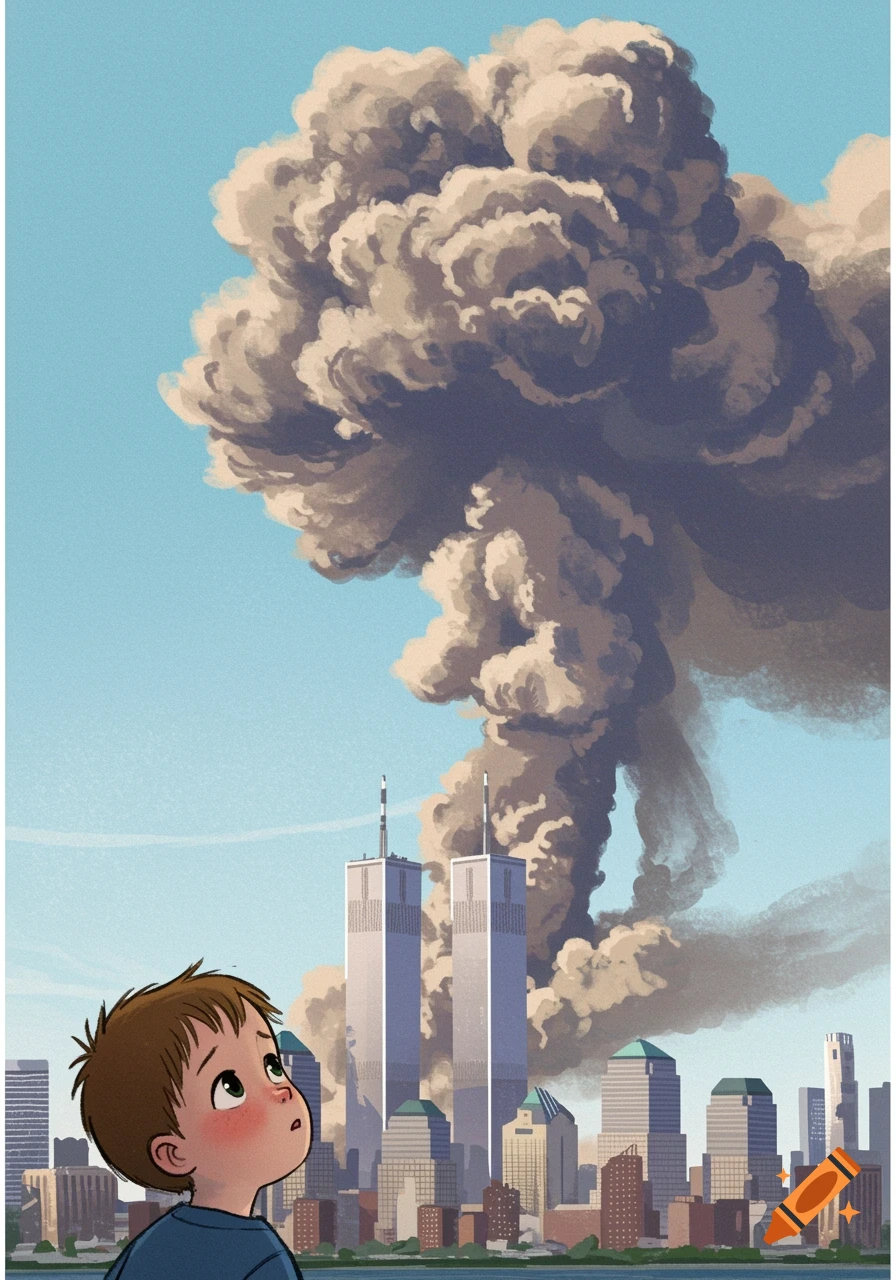 Illustration of a child looking up at the smoking Twin Towers in New York City.