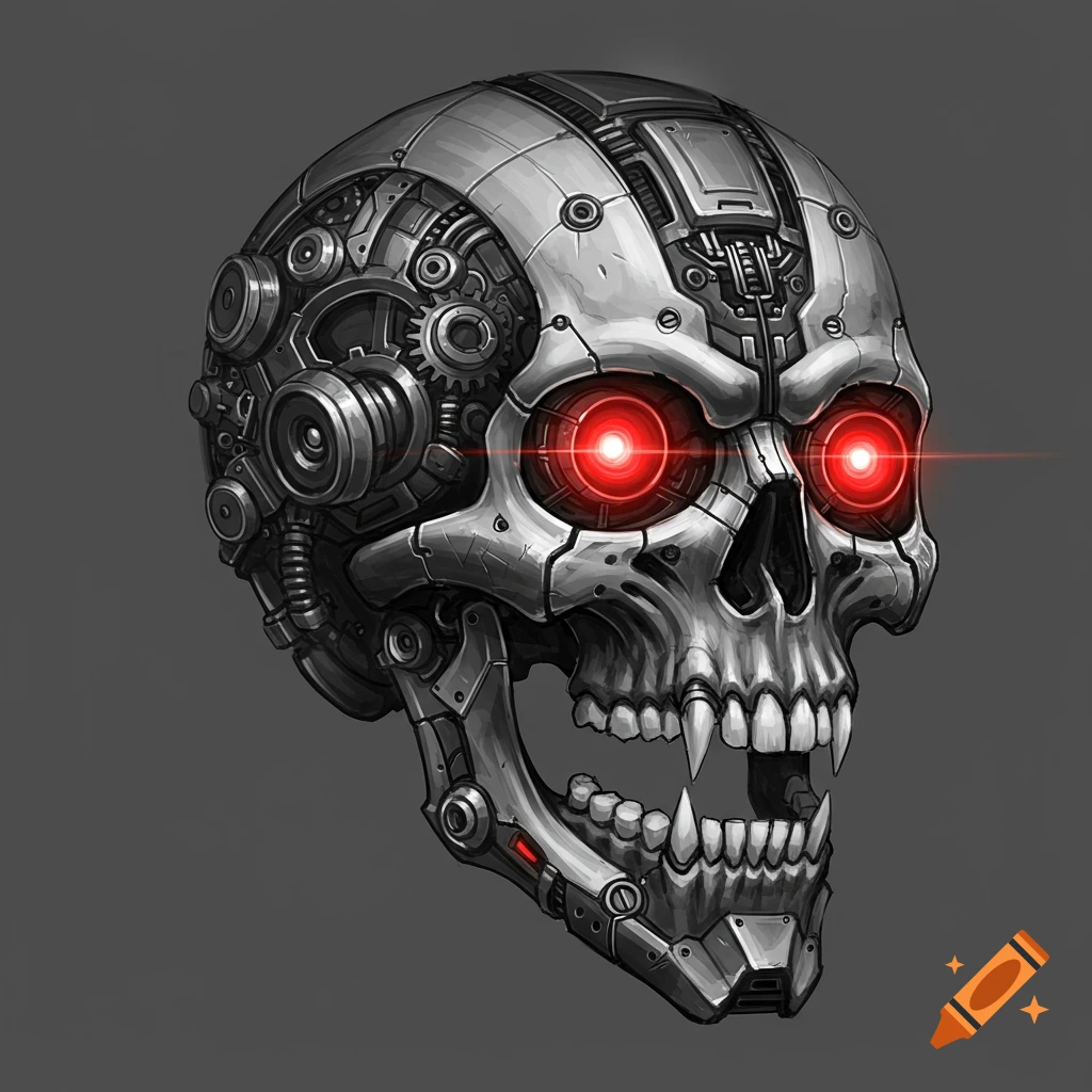 Detailed mechanical skull with glowing red eyes.