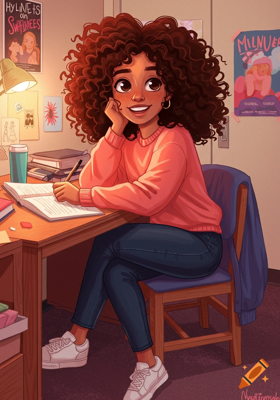 An illustration of a young woman with curly hair studying at a desk.