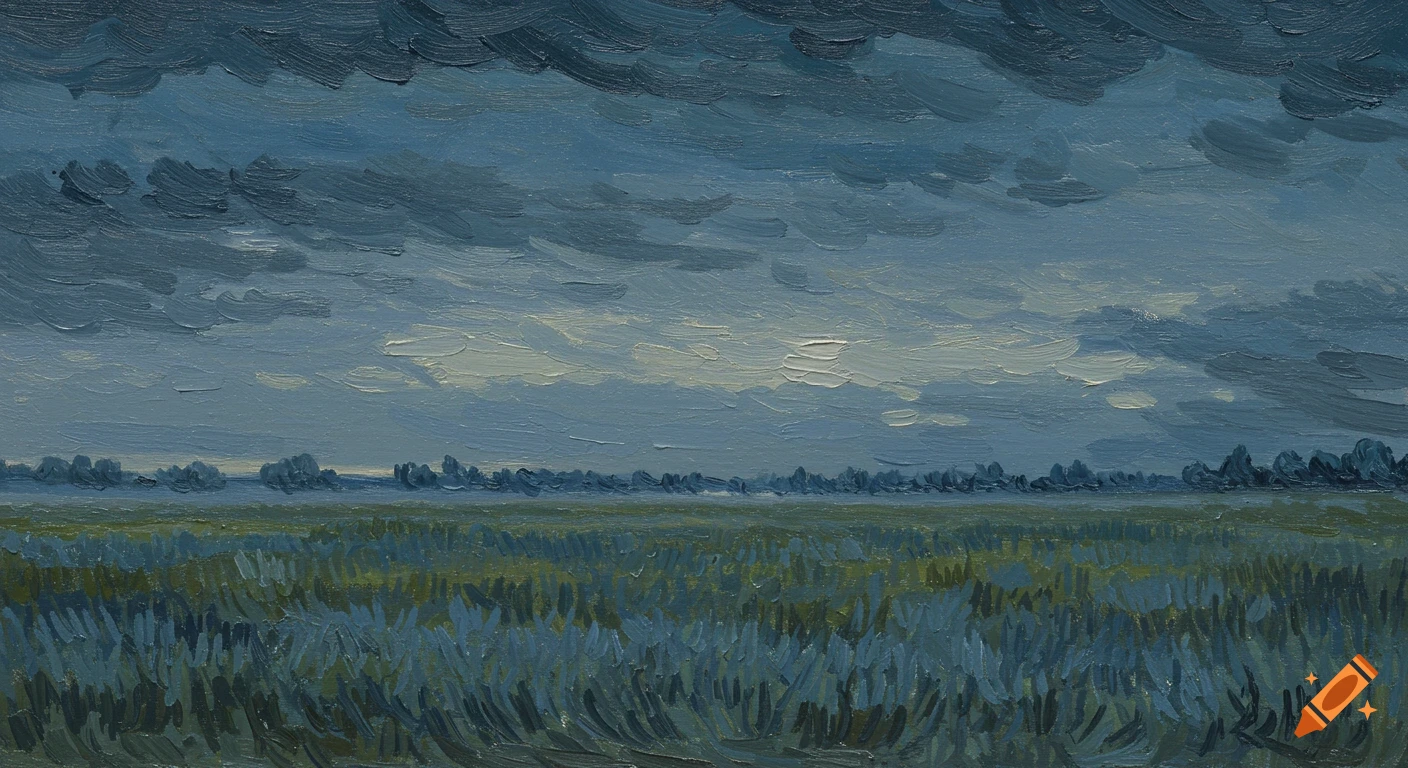 A landscape painting in the style of Van Gogh showing a vast field under a cloudy, swirling sky.