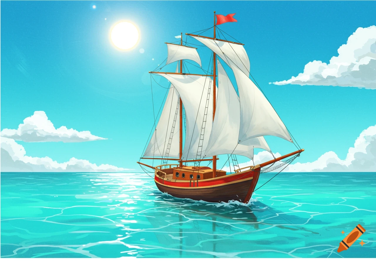 Sailing ship on blue water under a sunny sky. Illustration.