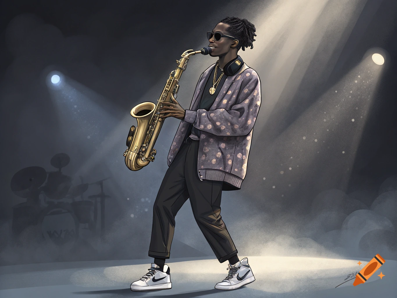 Illustration of a man playing saxophone on a stage under spotlights.