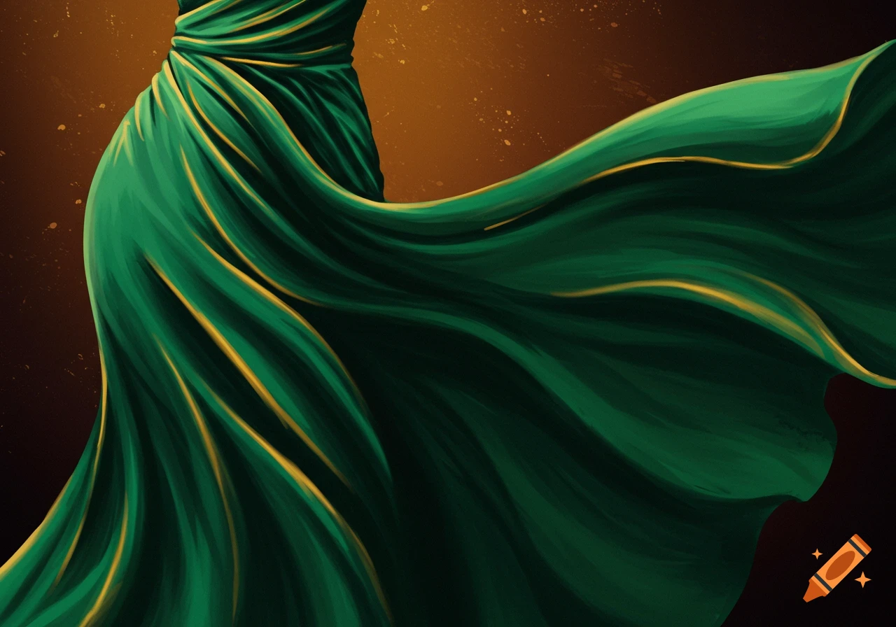 Close-up digital painting of flowing green fabric with gold highlights.