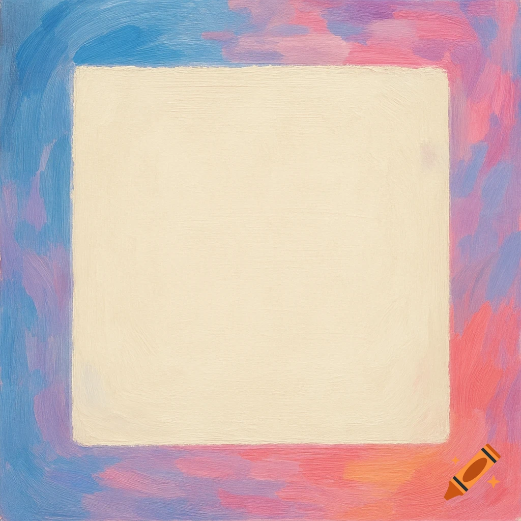 A square beige area with a border of brushstrokes in blue, pink, purple, and orange.