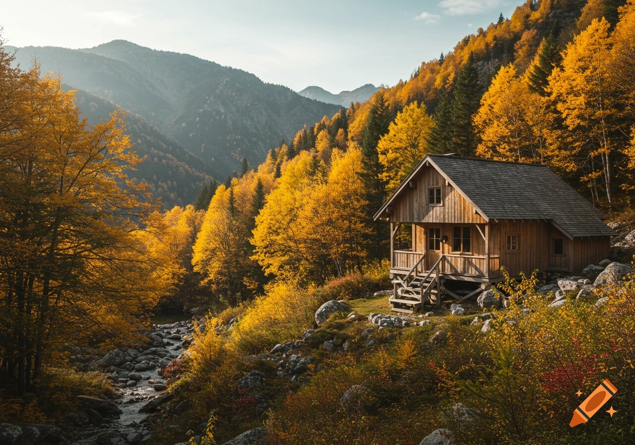 Wooden cabin in an autumn forest by a rocky stream with mountains on ...